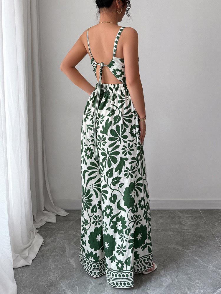 2025 Elegant Twist Print Spaghetti Strap Backless Jumpsuit with Wide Leg and Long Pants Skirt