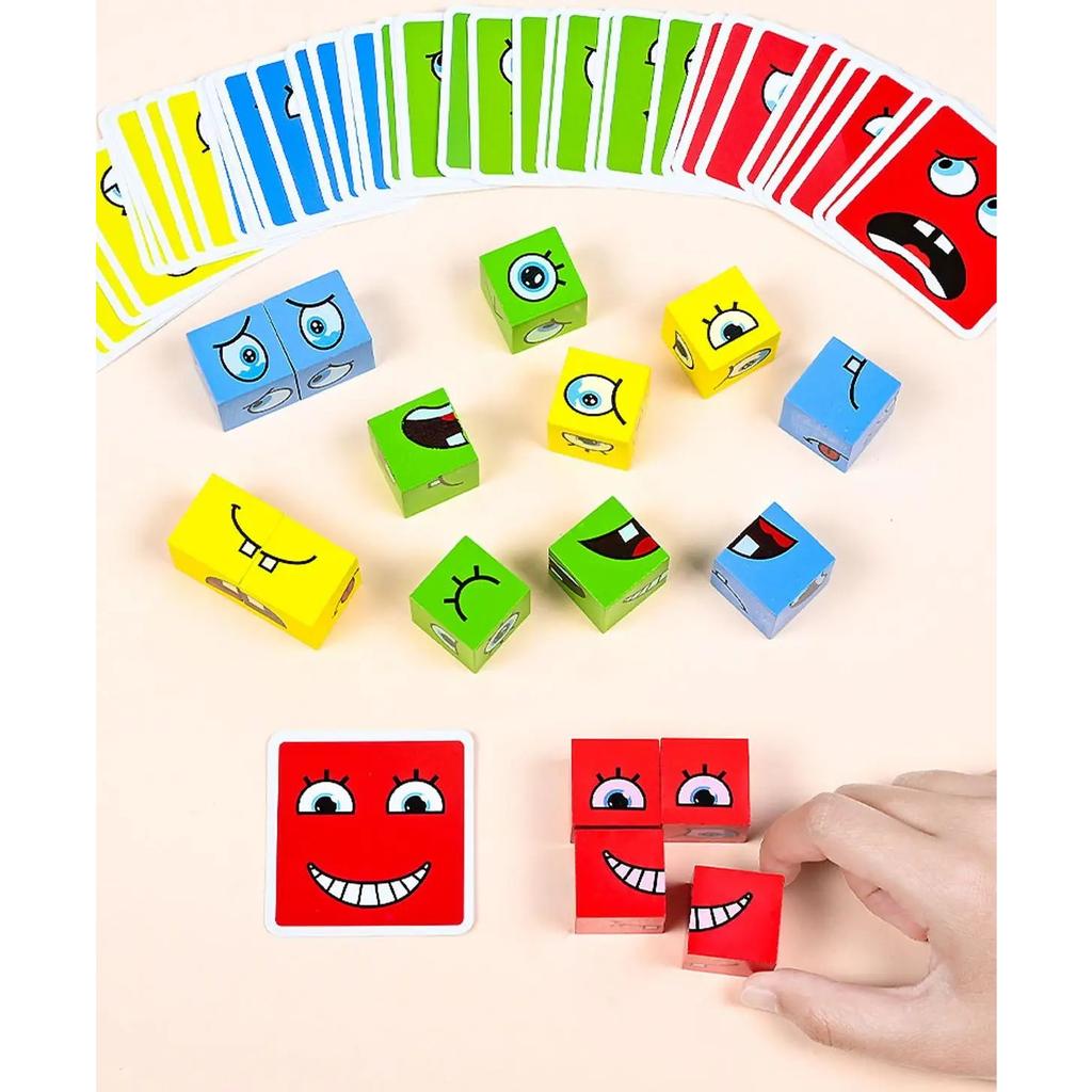 Face Changing Cube Board Card Game Building Blocks Cartoon Wooden Puzzle Montessori Anxiety Stress Relief Toys for Children Kids