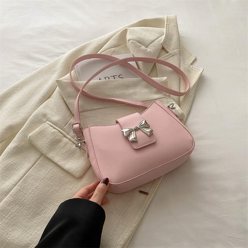 Chic French Bow Style Underarm Bag In Elegant Black Pink White And Blue Colors For Trendy Spring Fashion