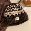 Vintage Fair Isle wollen muts dames herfst en winter verdikt warm winddicht oorbescherming muts gezicht tonend kleine gebreide muts
