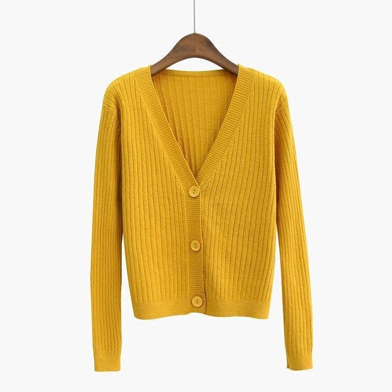 Loose and versatile V-neck knitted cardigan autumn sweater with temperament long-sleeved high-waisted short jacket tide