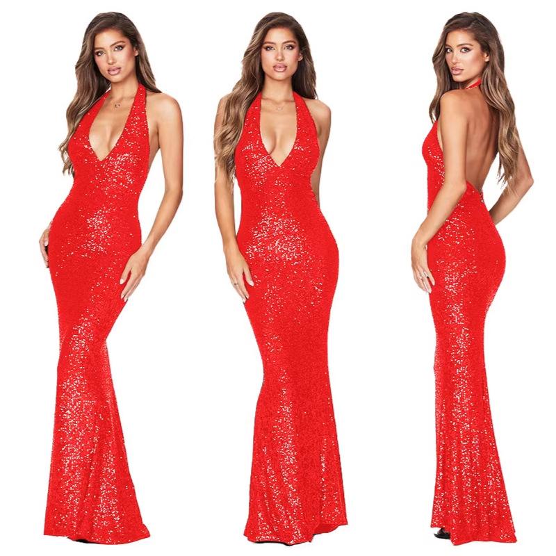 Women's sequin French vacation-style dress, sophisticated and elegant party mermaid gown