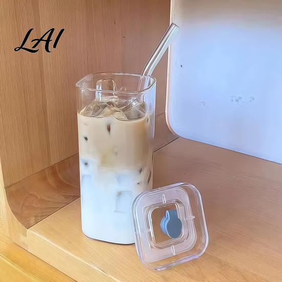 Elegant Glassware for Wedding Gifts Glass Cup with Lid And Straw Square Clear Borosilicate Heat Resistant Kitchen Tumbler Portable Drinking