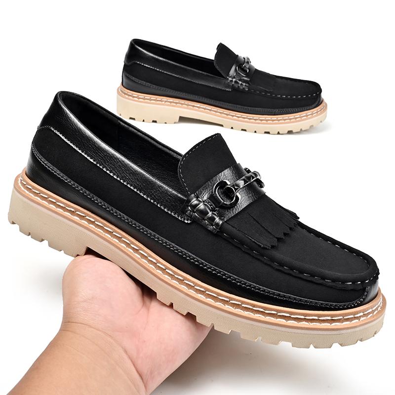 Fashion Vintage Brand Men Four Season New Tassel Thick Soled Fashionable Casual Shoes Men Anti Slip Wear-resistant Casual Leather Shoes
