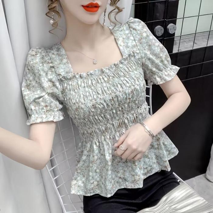 Summer new retro Hong Kong flavor square collar floral short sleeves waist skirt thin French chiffon top women s clothing S
