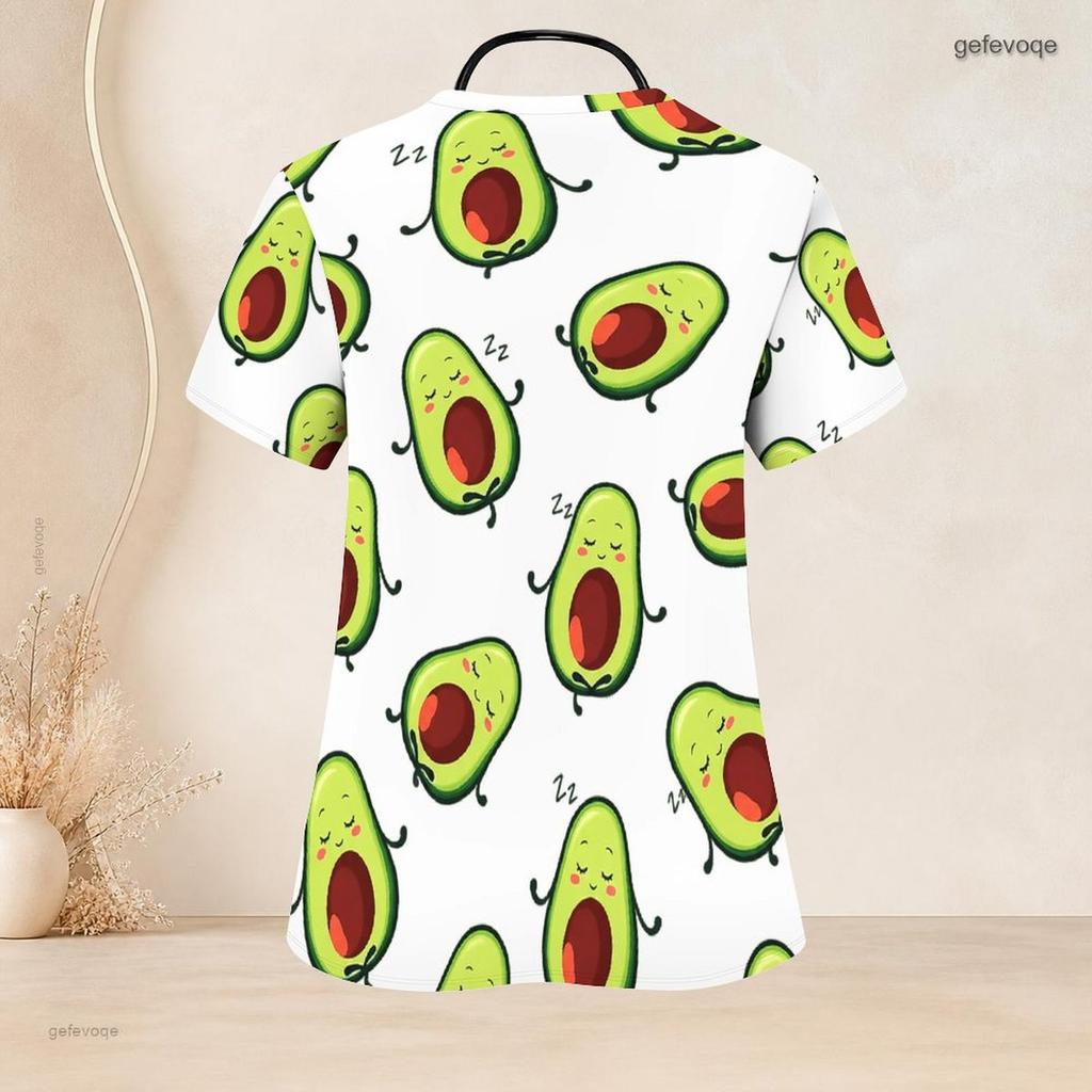 Women Plus Size Nurse Scrub Top V Neck Short Sleeve Cartoon Avocado Printed White With Front Pockets