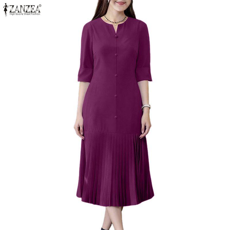 ZANZEA Women Casual V-Neck Half Sleeve Elegant Pleated Dress