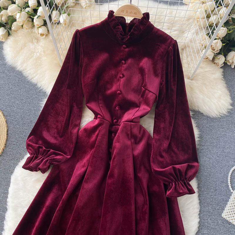 Hohe Qualität Herbst Winter Frauen Vintage Palace Samt Party Kleid Mode Stehen Kragen Lange Midi Casual Velour Kleider