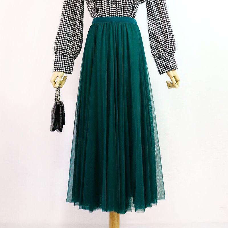Women's High-Waist Mid-Length Pleated Mesh Skirt
