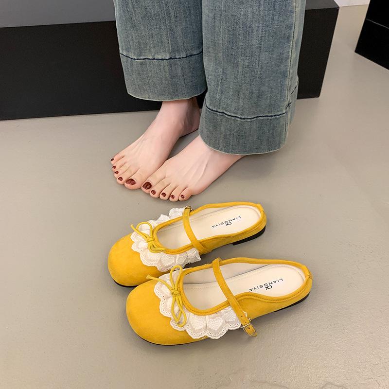 Fashion French Lace Mary Jane Shoes for Women 2025 New Soft Sole Shallow Mouth Slip on Mules Comfortable Casual Slippers Ladies Footwear