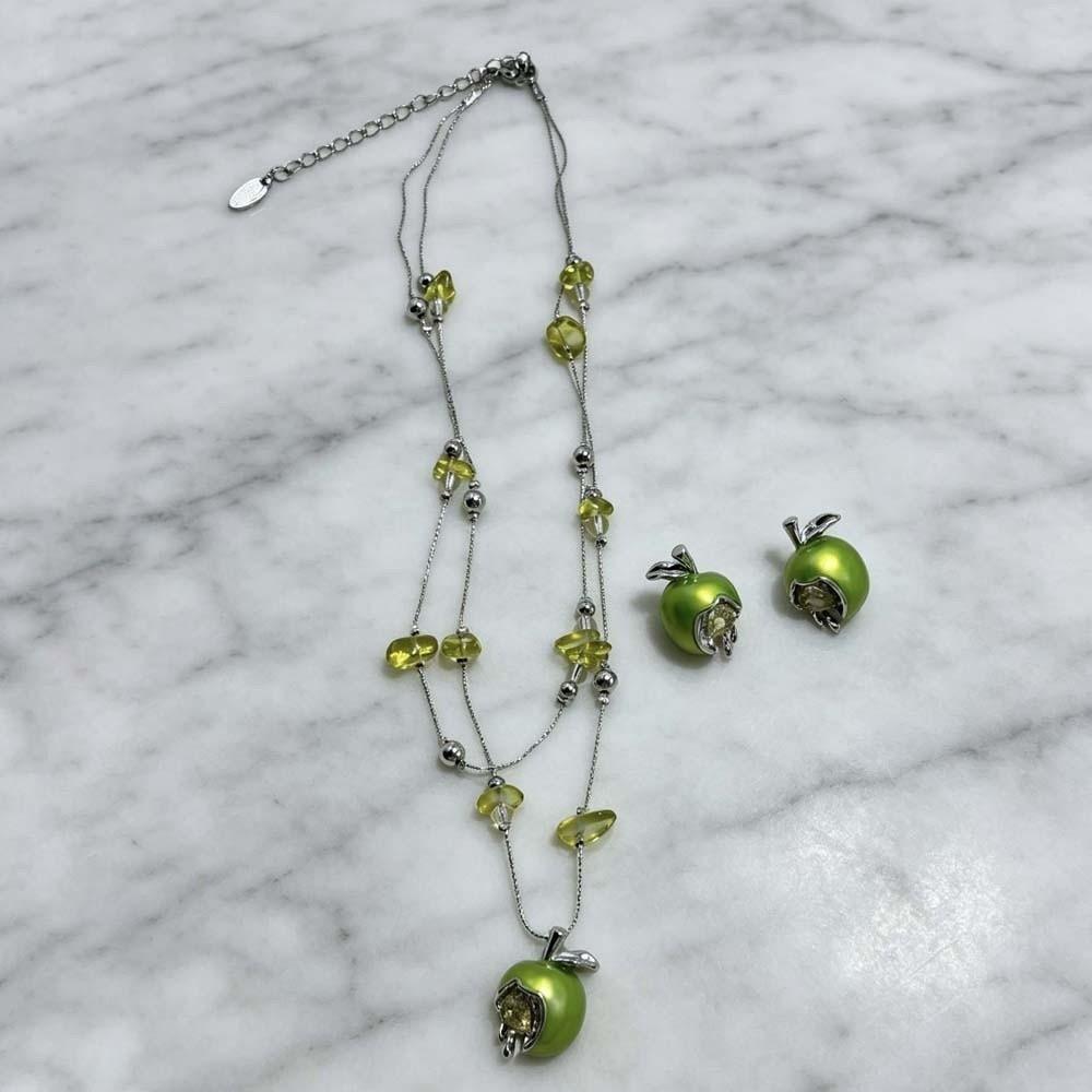 Layered Green Fruit Choker Enamel Sweet Dainty Chain Fairycore Piece Stud Earrings Dating