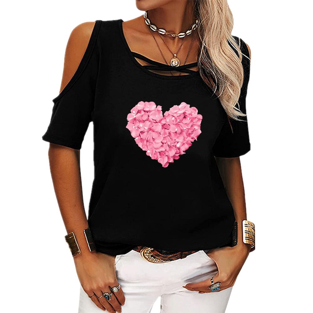 

Женская мода с открытыми плечами, летняя футболка с короткими рукавами и принтом, женская повседневная футболка с круглым воротником 5Xl чёрный