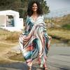 Vintage Peacock Feather Printing Loose Kaftan Swimsuit Coverup For Women 2026 Summer Casual House Dress Beachwear Cover-ups Q1628