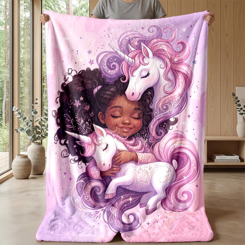 Girl and magical unicorns Theme blanket Lightweight Warm Flannel Blanket Decorative Throw Blanket for Home Decoration