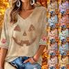 Women's Casual V-Neck Three-Quarter Sleeve Top with Halloween Print