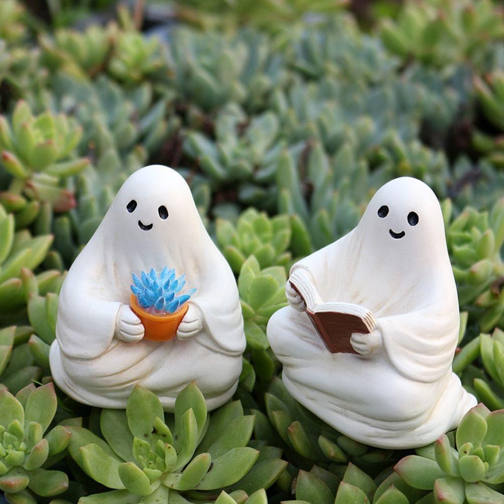 2pcs Resin Halloween Ghost Ornaments Cute Reading Ghost Statue Micro Landscape Ghost Sculpture  Gift