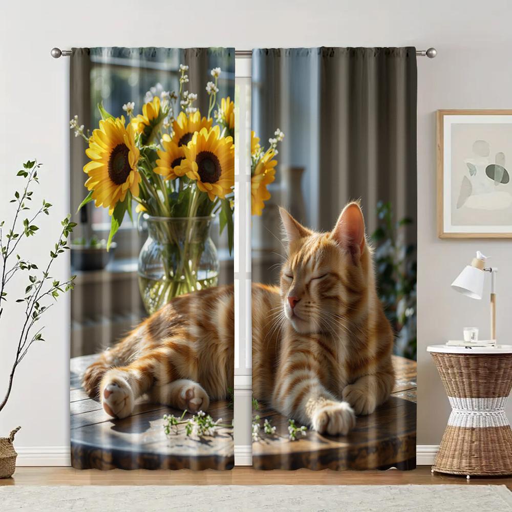 

Set Of 2 Filtering Curtains Excluding Rods Non Movable Without Batteries Orange Cat Sleeping Next Vase Sunflowers Made Polyester W100*H70(CM)-Hooks&1PCS