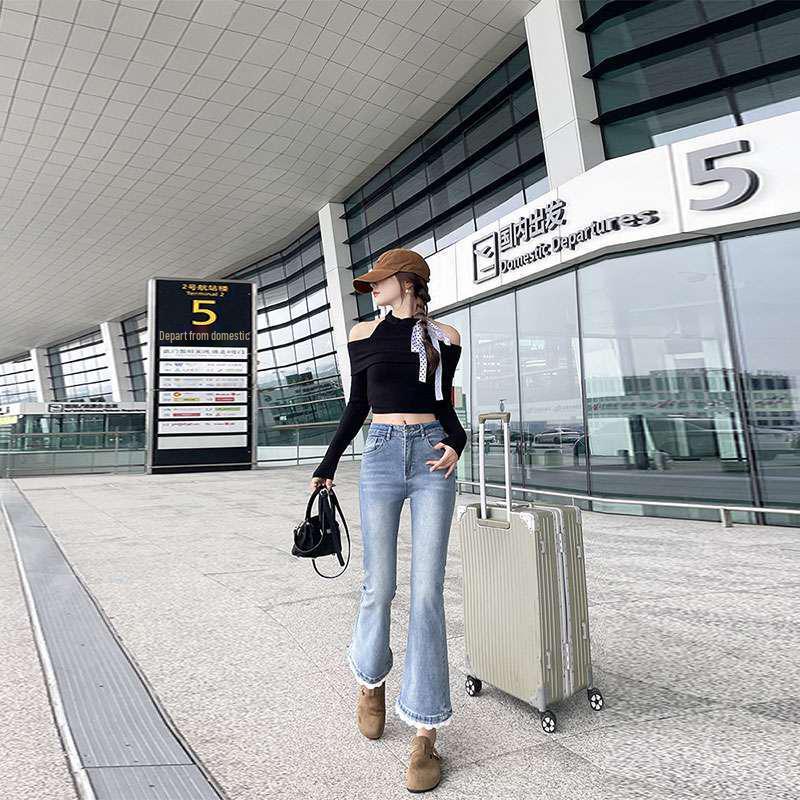 

Lace Trim High-Waist Micro-Flare Jeans for Women - Slimming, Plus Size, Nine-Point Length, Autumn Style M