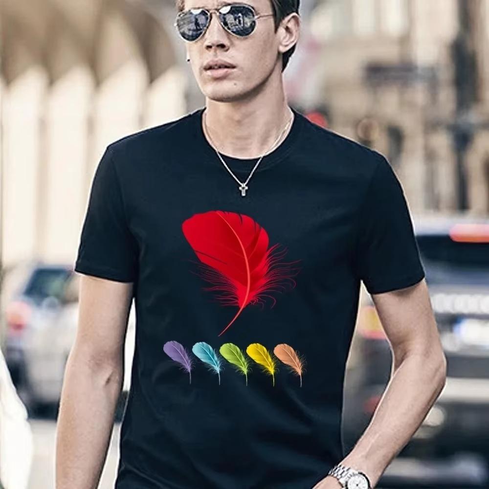2023 Summer Men Clothes Short-sleeved T-shirt Casual Breathable Male Clothing O-Neck T Shirt Feather Printed Fashion New Tops