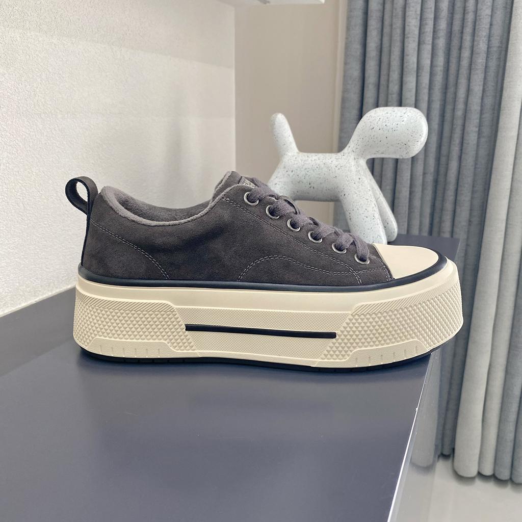 Leder Muffins Schuhe Damen Plateau Samt Herbst und Winter Retro Schnürung atmungsaktiv lässig höhenverstellbare Sohle Baumwollschuhe Trend