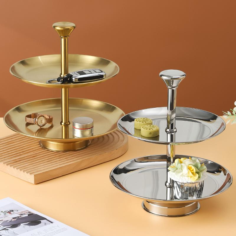 2 / 3 Layer Round Stainless Steel Gold and Silver Plate Fruit Dessert Cake Rack Tray Double Layer Tea Dessert Set Cake Tool