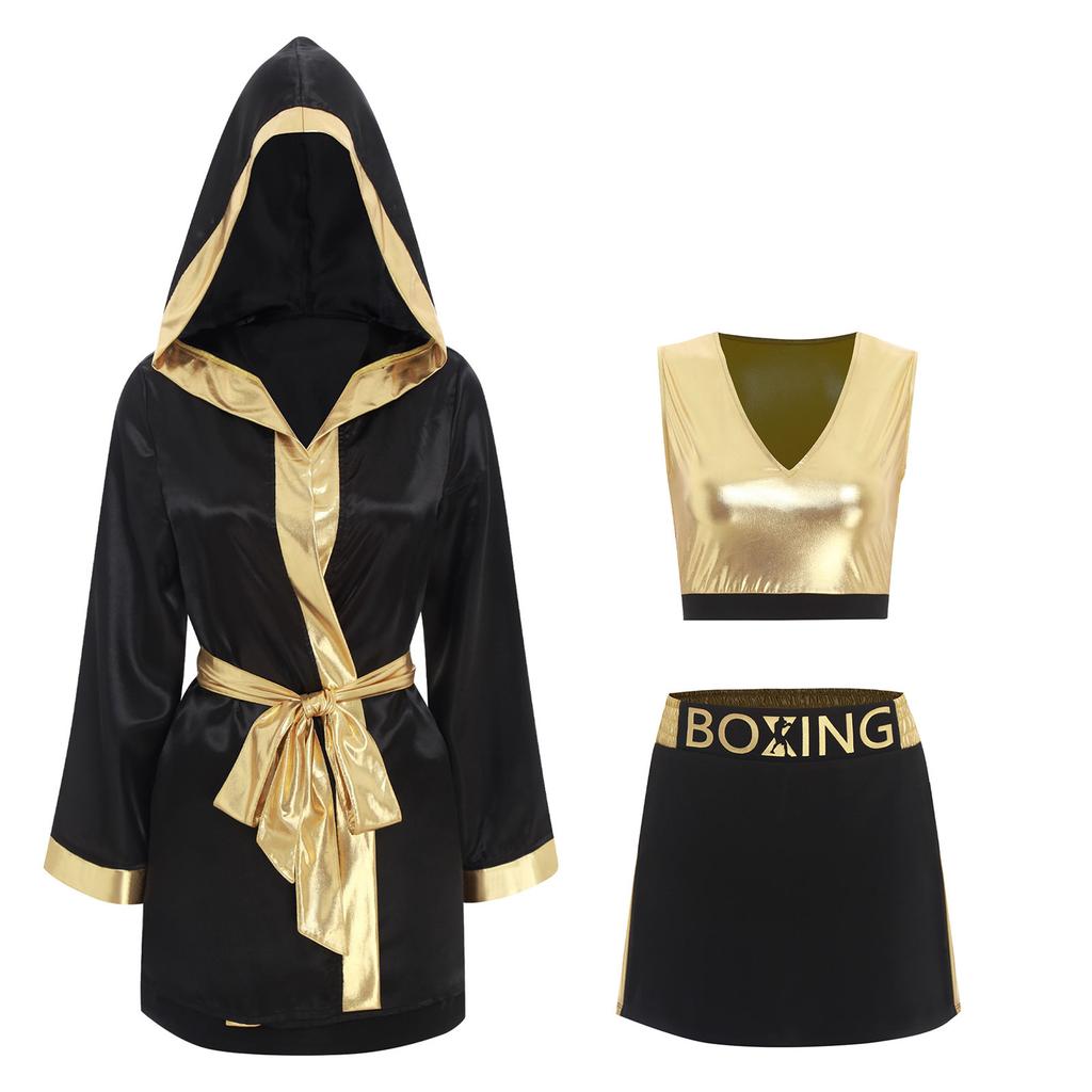 Damen Boxring Outfit V-Ausschnitt Tanktop Rock Mit Kapuze Überwurf Gürtel Halloween Cosplay Kostüm Set
