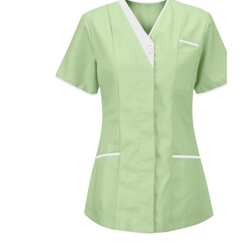 Women Solid Color Short-Sleeve V-neck Top Nurse Work Uniform Pocket Top
