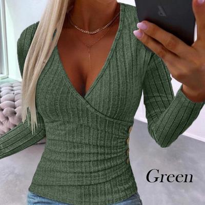 2025 Herbst Damen Gerippter V-Ausschnitt Strickpullover Langarm Slim Fit T-Shirt