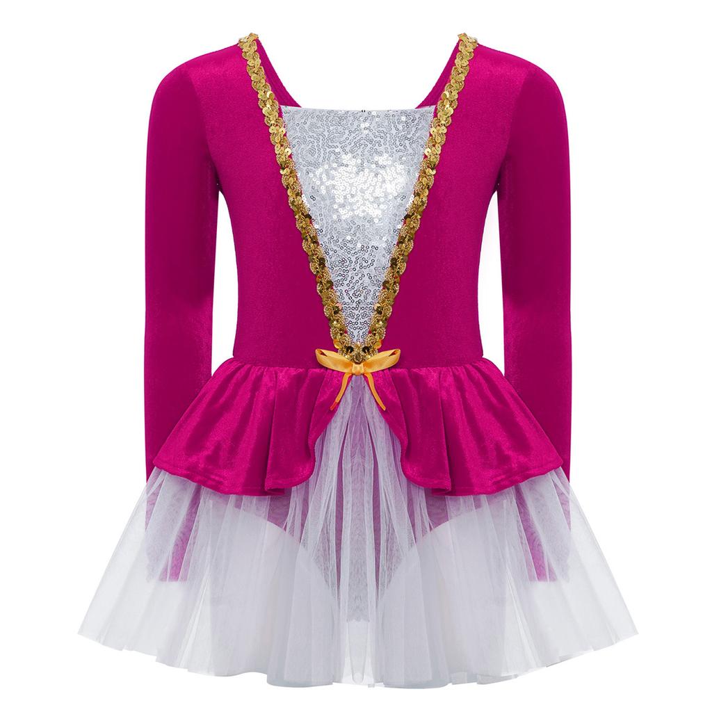 Mädchen Eiskunstlauf Performance Kleid Langarm Glitzernde Pailletten Patchwork Samt Tüllkleid Eingearbeiteter Slip Ballett Kostüm
