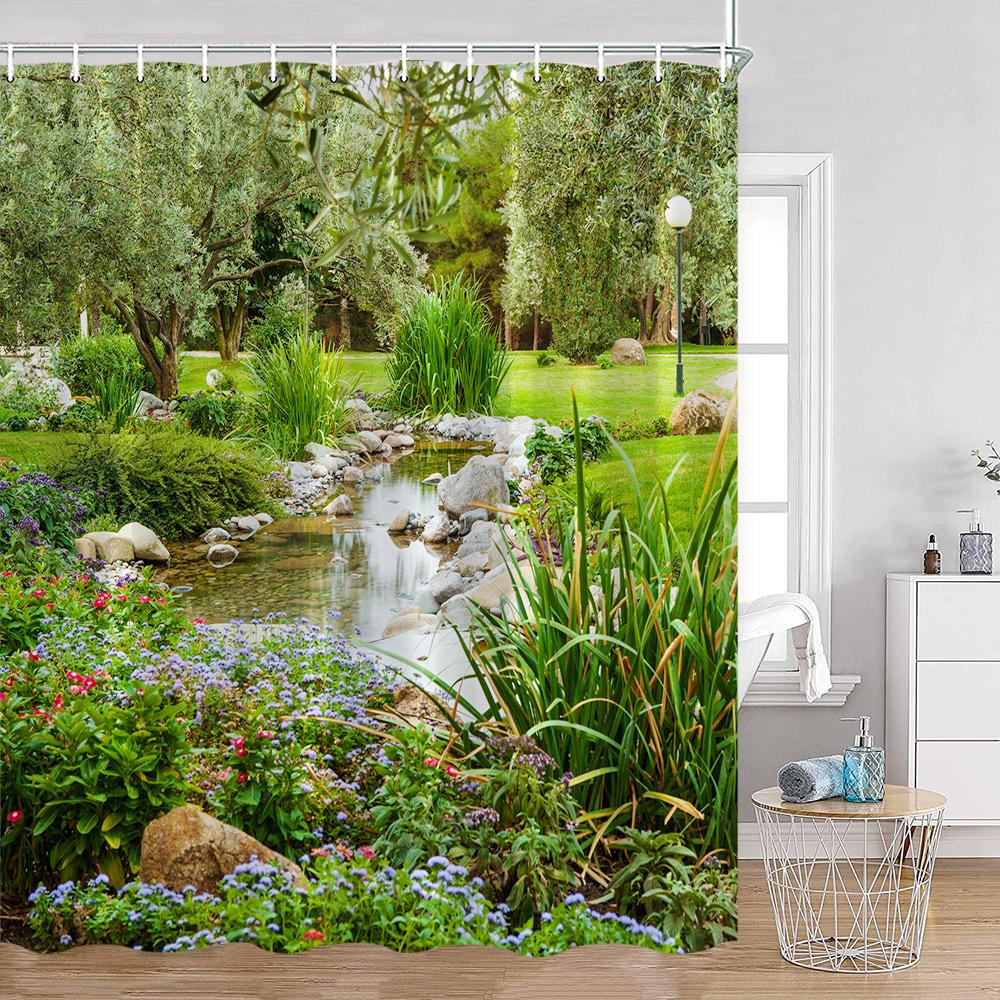 Garden Nature Shower Curtain Nautural Landscape Scenery Bath Curtain Green Leaf Flower Plannt Polyester Bathroom Decor With Hook
