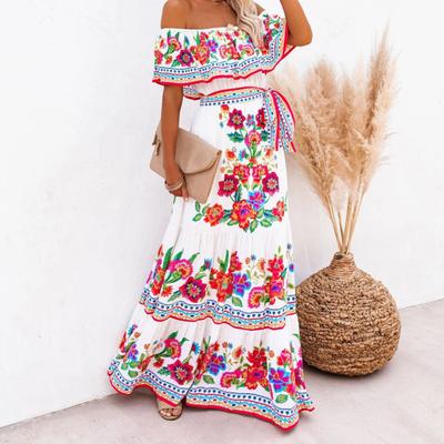 Summer Dress Floral Print High Waist Female Ladies Horizontal Shoulder Dress