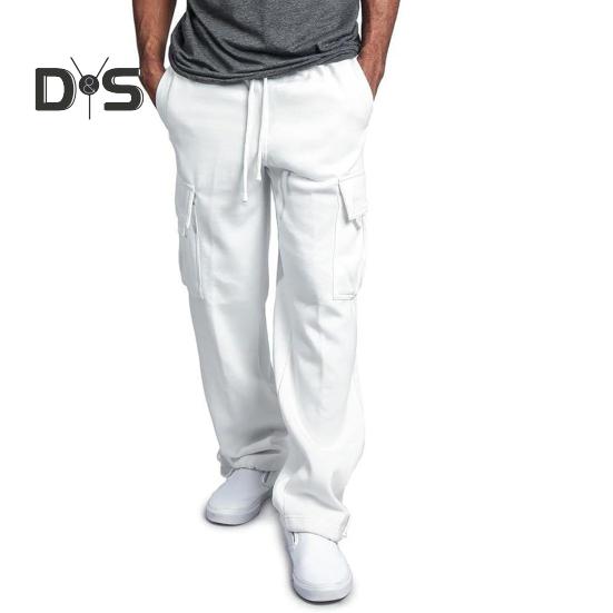 Men Spring Fall Pants with Multi Pockets Drawstring Elastic Waist Wide Leg Plus Size Sweatpants Stretchy Slacks Solid Color Loose Street Style Sport