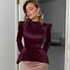 Top de damă pentru navetă, din satin vișiniu haute couture franțuzesc, croială tridimensională, guler înalt neregulat, mâneci bufante, talie accentuată, cu temperament