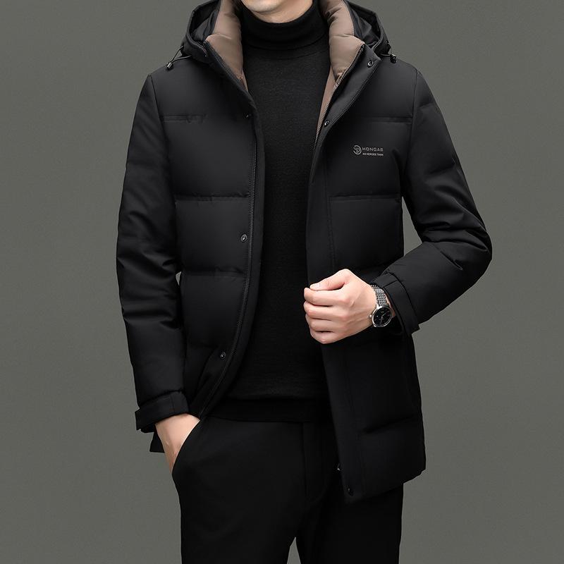 Men's Mid-Length Winter Down Jacket with Detachable Hood - Thick, Warm White Duck Down for Casual Wear