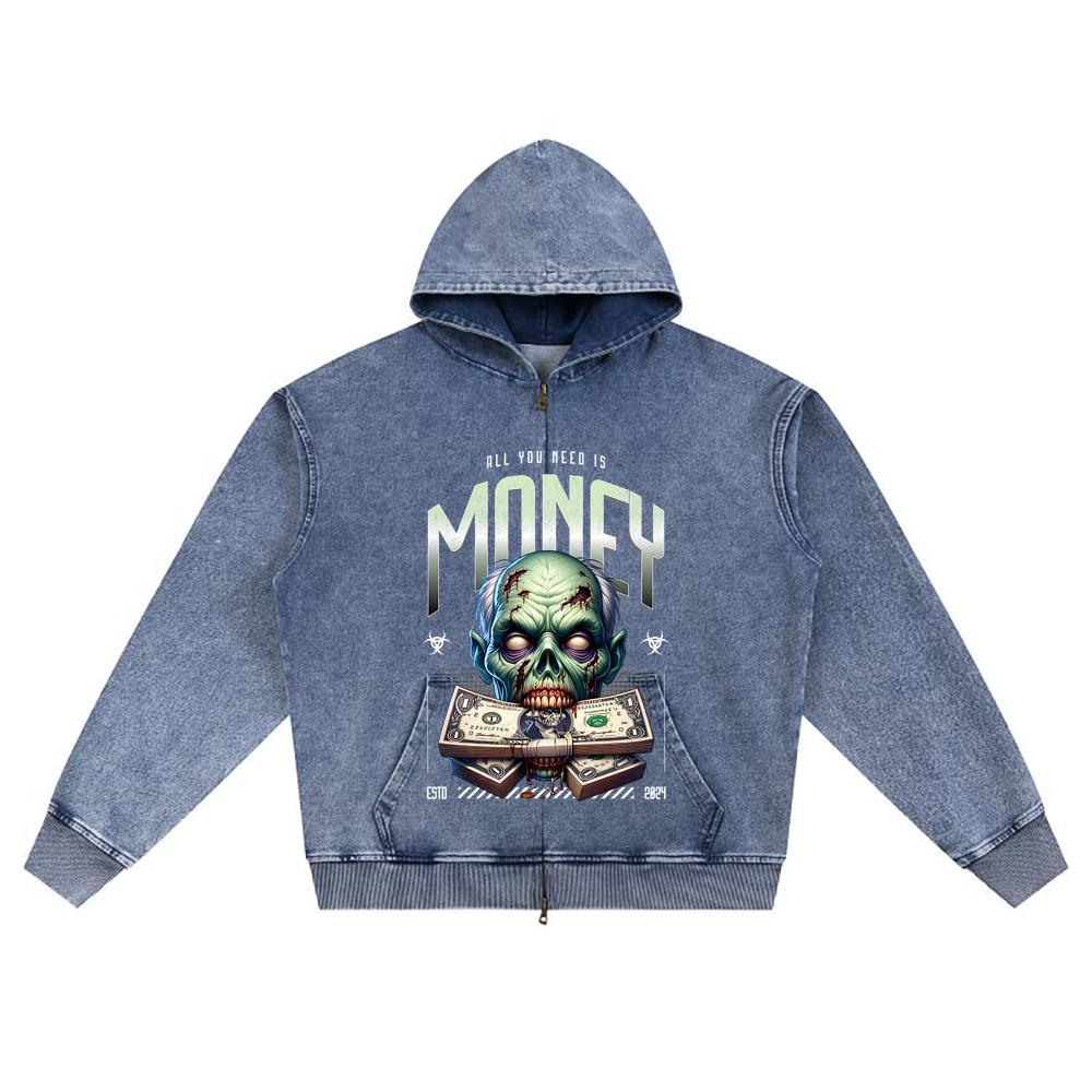DTG Print Knitted Denim Zip-Up Hoodie Money Zombie T Shirt Brother Print Zipper Hoodies  
