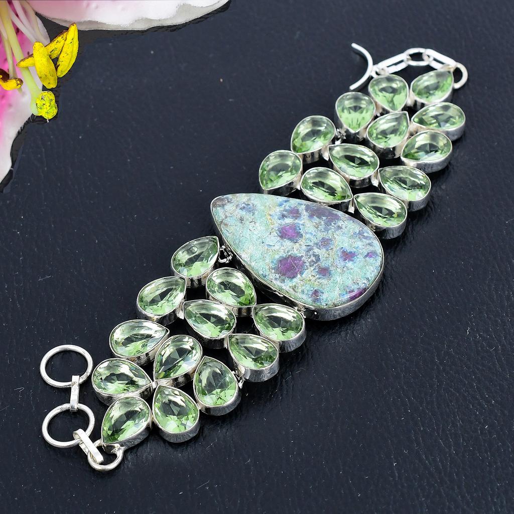 Ruby Fuchsite, Tsavorite Gemstone 925 Sterling Silver Bracelet 7-8" KG-1800