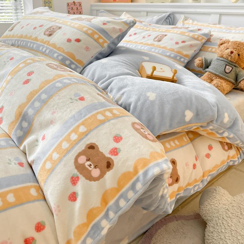 Thickened Milk Fleece Bed Four-Piece Coral Fleece Quilt Cover Double-Sided Flannel Fleece Bed Sheet Three-Piece Set
