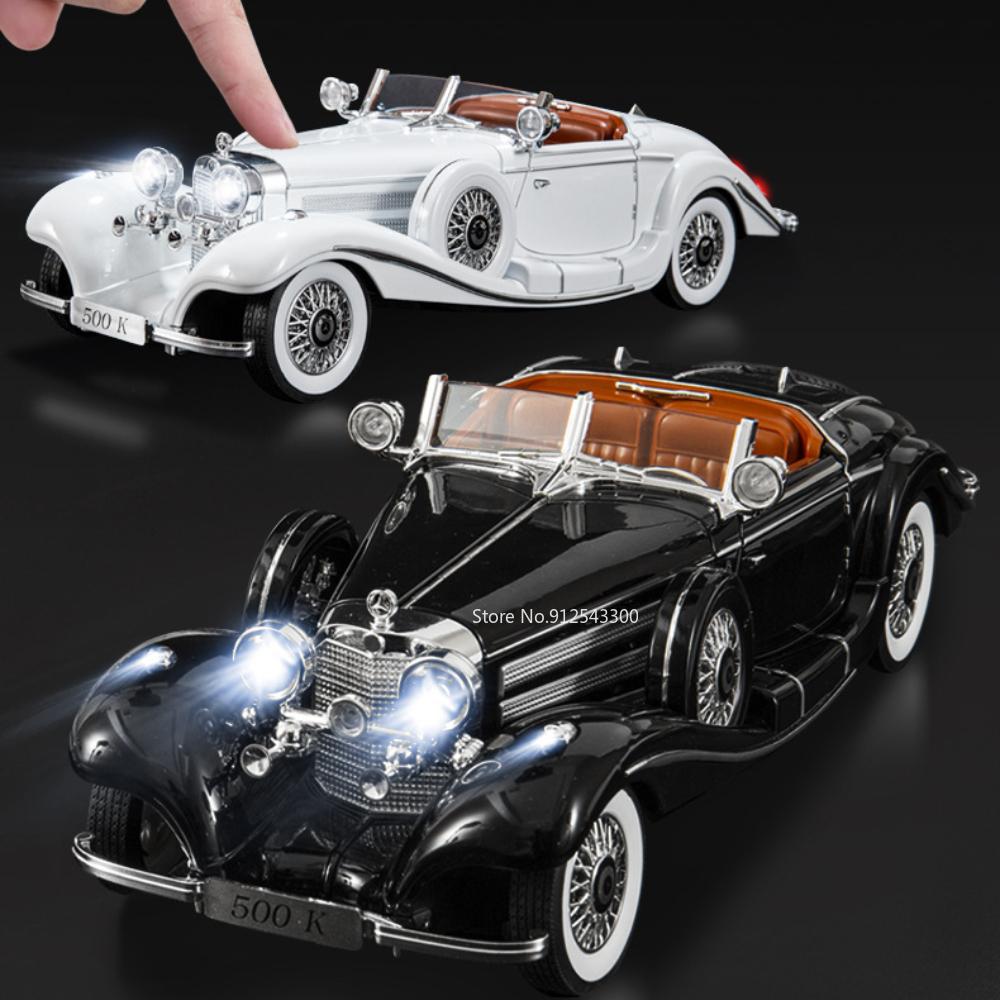 EEAO1 Large Scale 1:18 Benz 500K Classic Car Model Toy Shock Absorption Music Light Doors Opened Retro Vehicle Models Ornaments Gifts