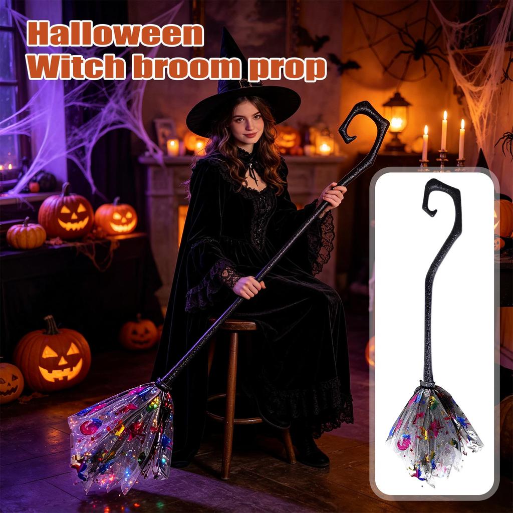 Witch Broomstick Prop with Mesh Netting and Curved Handle for Costume Party