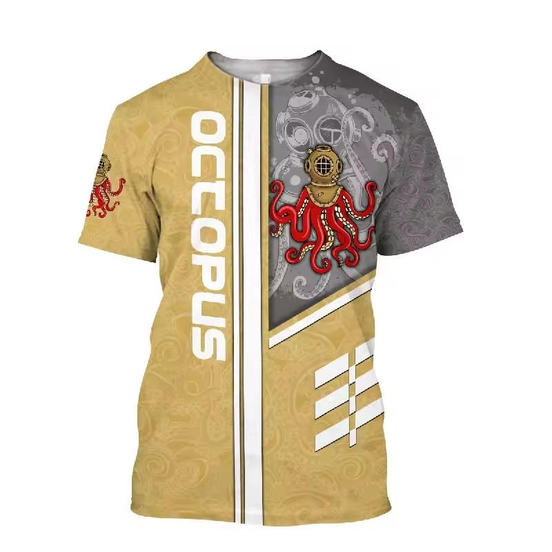Men'S Summer 3d Printing Printed O-Collar Short Sleeve T-Shirt Ocean Octopus Art Personality Retro Plus Size Loose Top