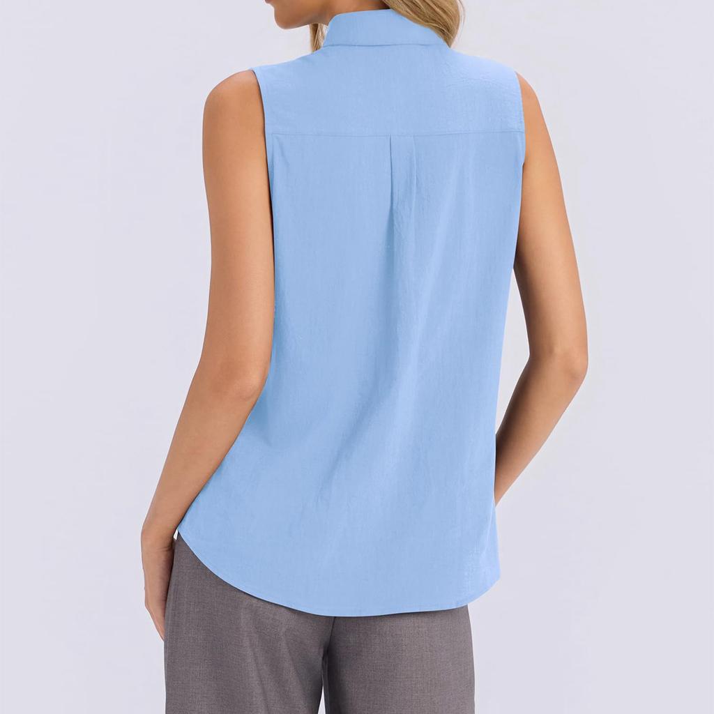 Women Sleeveless Button Down Shirt Summer Casual Collared Blouse Front Pleated Basic Tank Top Lightweight Breathable Fabric