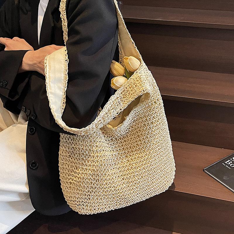 Lässige Urlaubs-Stroh-Webtasche Leichte Einfarbige Schulter Damenhandtasche Große Kapazität Stroh-Webtasche