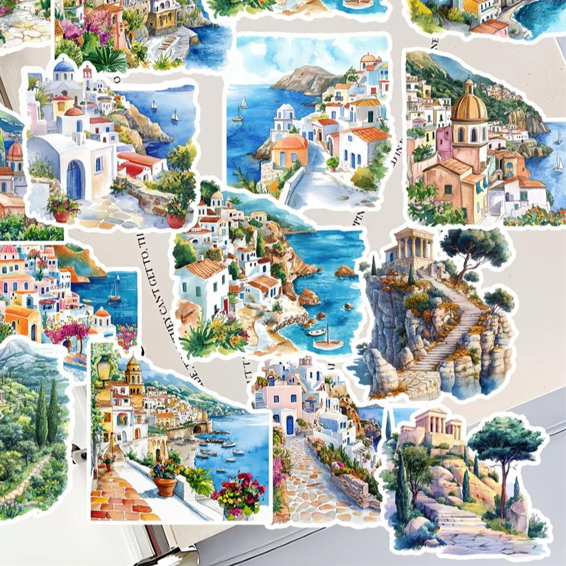 18pcs Anime Watercolor Greek island scenery Paper Stickers, for Luggage, Notebook, Diary, Album Decoration, DIY stationery