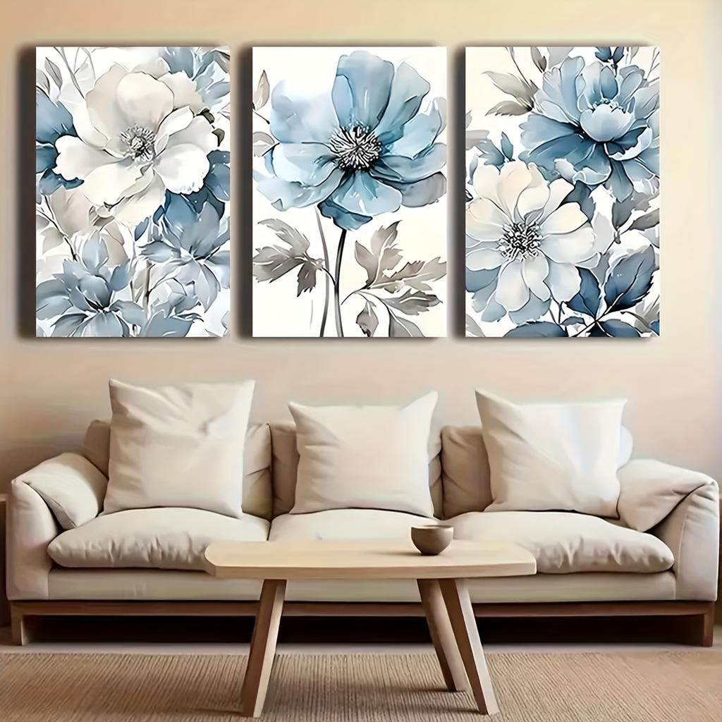 3pcs Blue & White Floral Canvas Art Set - Elegant Modern Flower Paintings for Living Room, Bedroom, Home Office, Cafe Decor - Fr