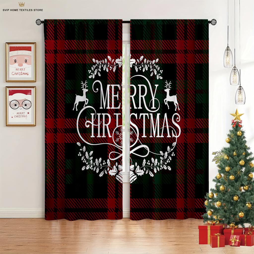 2pcs Cartoon Santa Claus Merry Christmas Printed Curtains Kids Gift Bedroom Restaurant Holiday Party Decorative Curtains