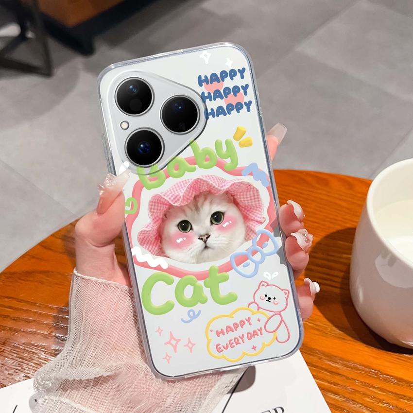 For Huawei Pura 80 70 Pro Plus Ultra Honor X6C 8C Phone Bags Cute Big Eyed Black Cat Patterns Luxury Transparent Lens Protection Case For Huawei Shell