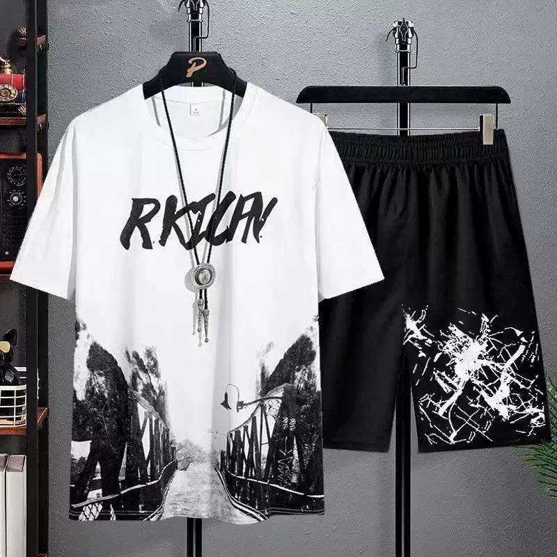 Men's Summer Tshirt Shorts 2 Pieces Set Tracksuit Men's Letters Print Vintage Streetwear Creative Pattern Men Sets Short Outfits