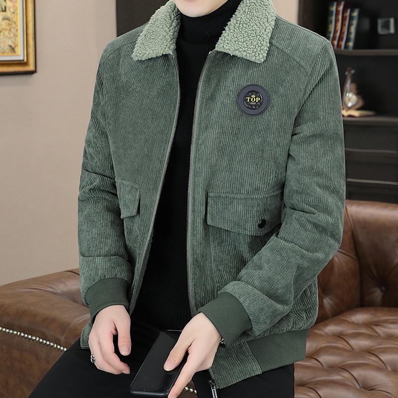 Men's Winter Corduroy Jacket with Lapel and Lamb Wool Collar - Thick and Warm Style