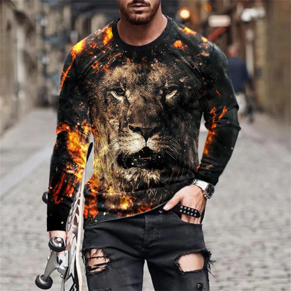 Fashionable New Animal Lion Print Men's O-neck Long Sleeved T-shirt Casual Oversized Pullover Round Neck Comfortable Top