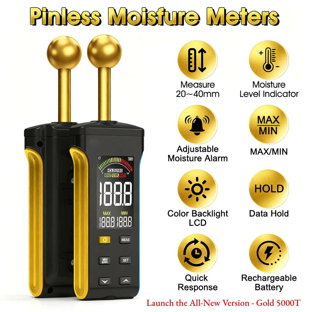 Digital Pinless Moisture Meter with Ball Probe & Color LCD 0~70% RH Range, Alarm Function for Wood/Walls/Concrete/Masonry/Gypsum